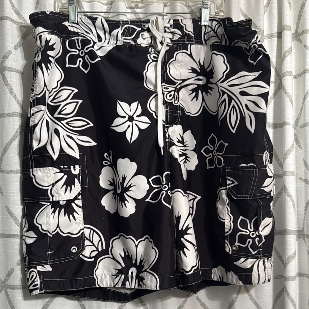 Merona Black and White Floral Swim Trunks